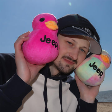 Jeep Text Logo Plush Duck Pink close-up stitching highlights durable seams