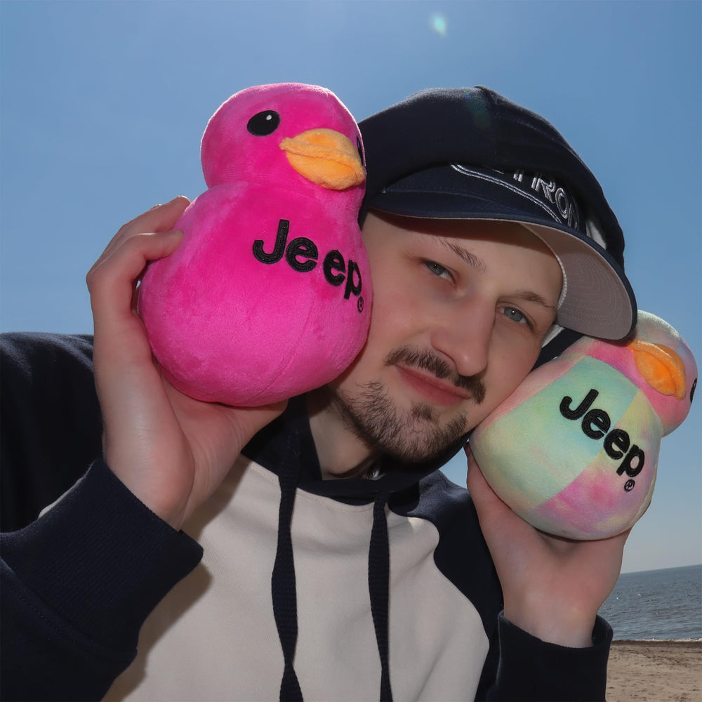 Jeep Text Logo Plush Duck Pink close-up stitching highlights durable seams
