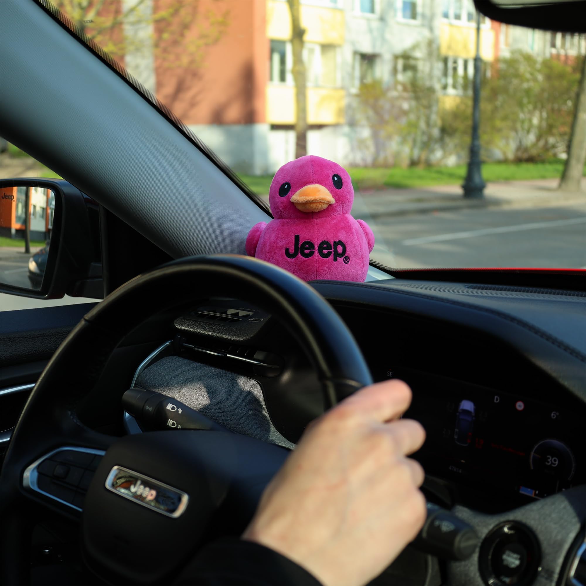 Jeep Text Logo Plush Duck Pink embroidery detail showcases branding quality
