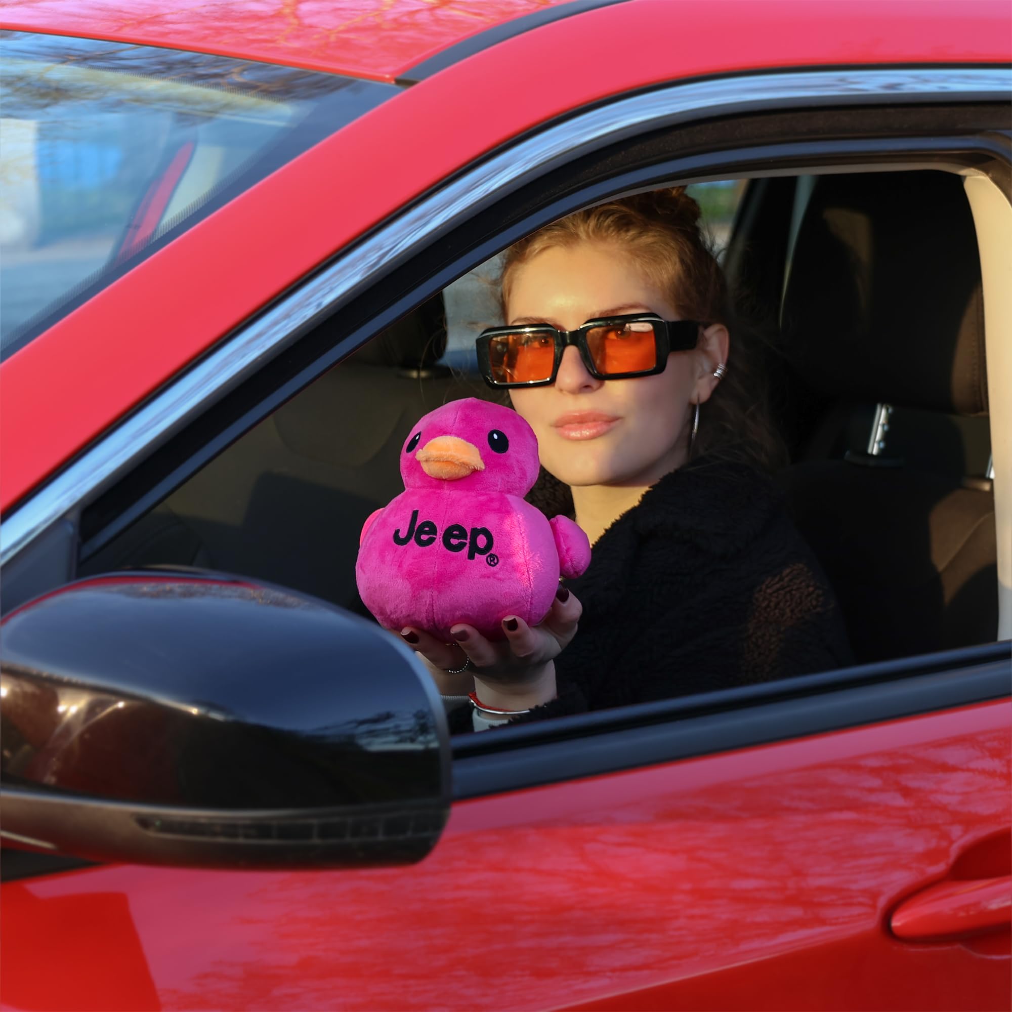 Jeep Text Logo Plush Duck Pink fabric texture emphasizes plush softness