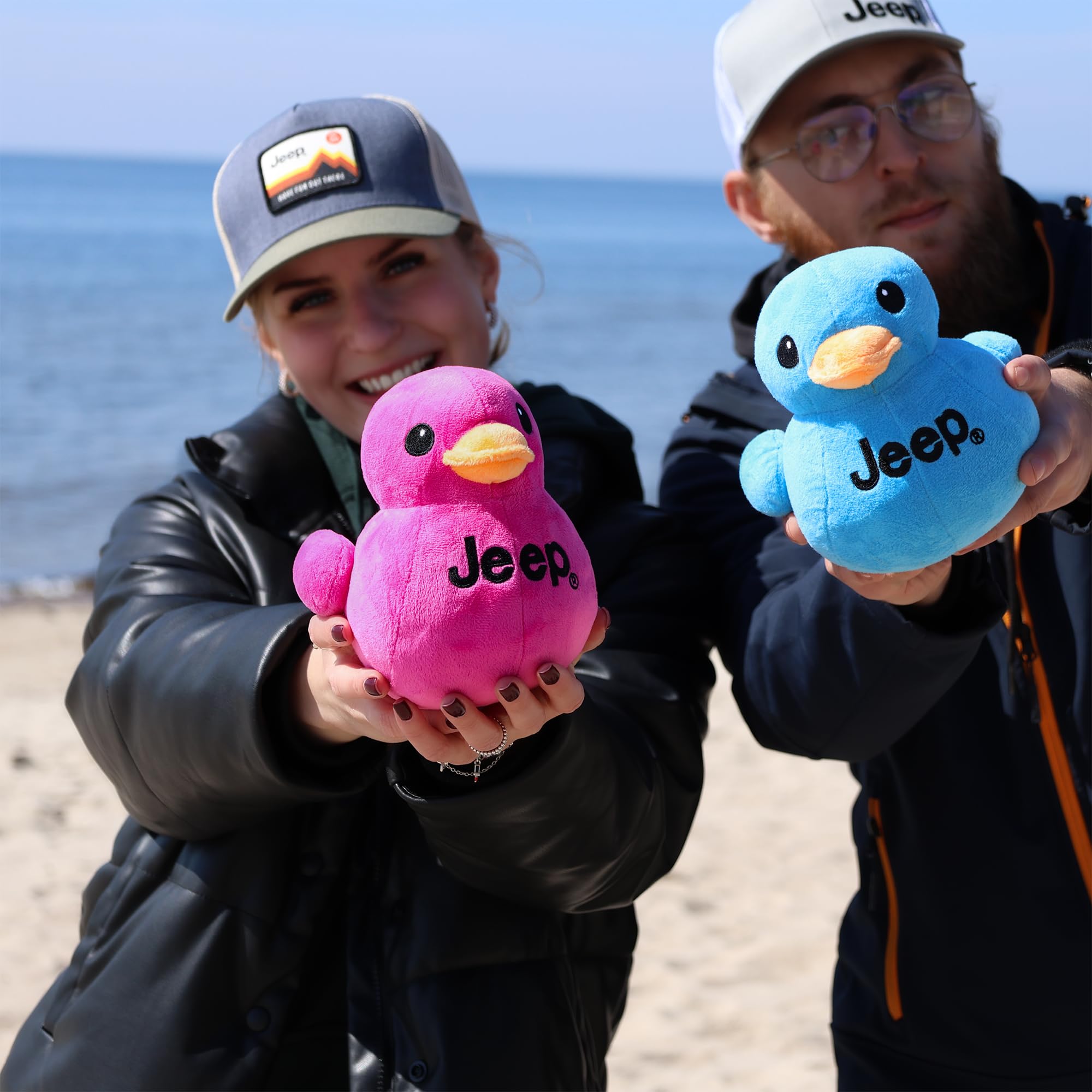 Jeep Text Logo Plush Duck Pink face close-up soft fabric and friendly expression