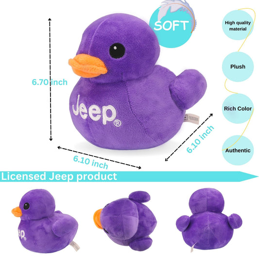 Side view shows Jeep branding on a soft, collectible purple duck.