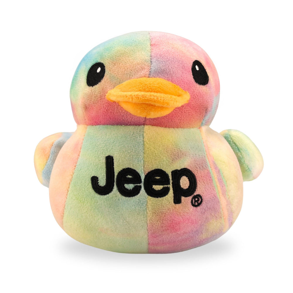 Jeep text logo plush duck tie-dye, collectible for enthusiasts.
