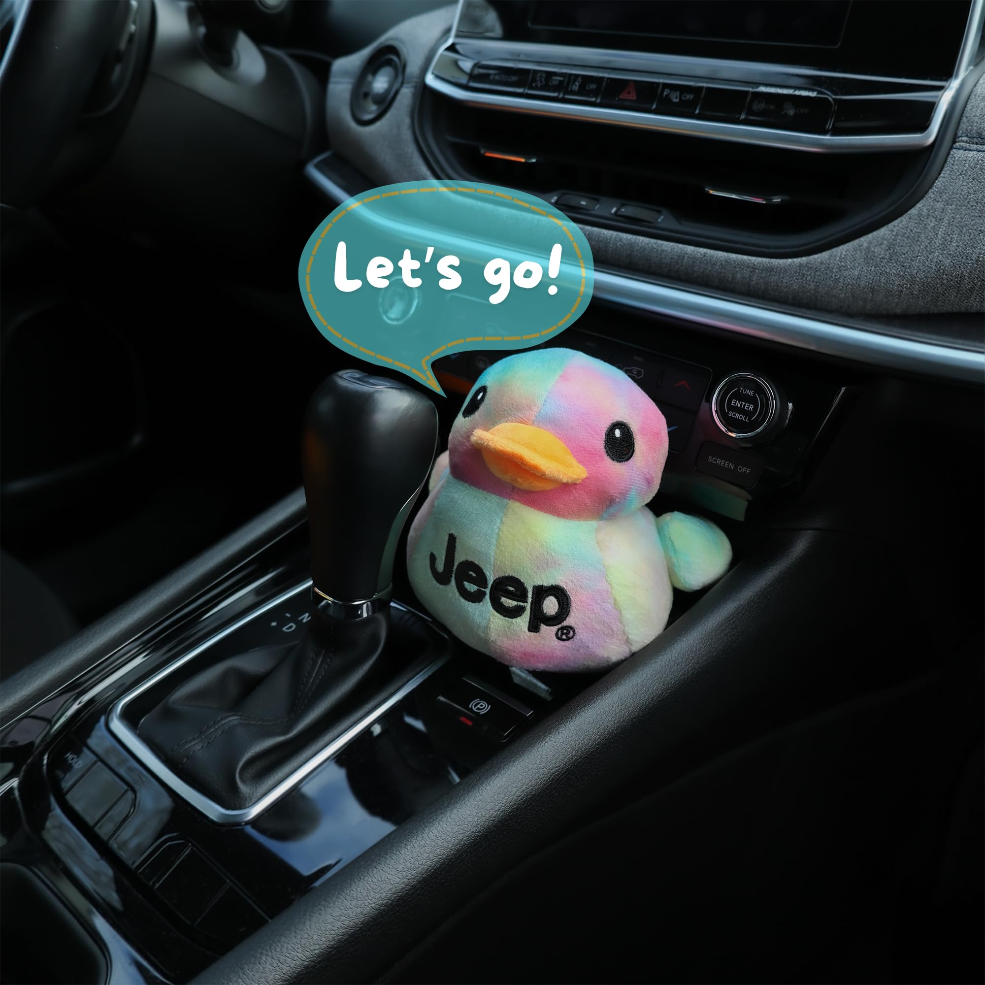 Licensed Jeep plush duck, soft textures ideal for cuddling.