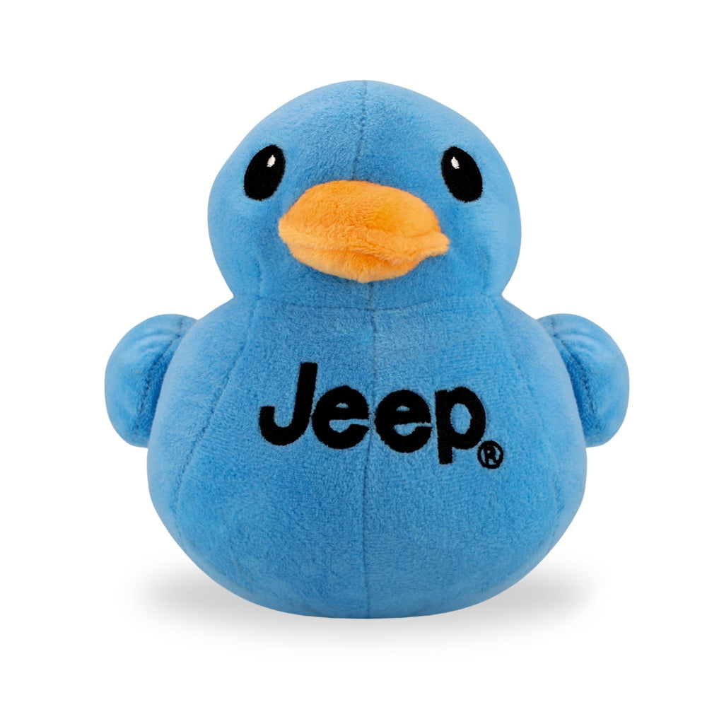 Jeep text logo plush duck blue front view, ideal for display and gifting to fans.