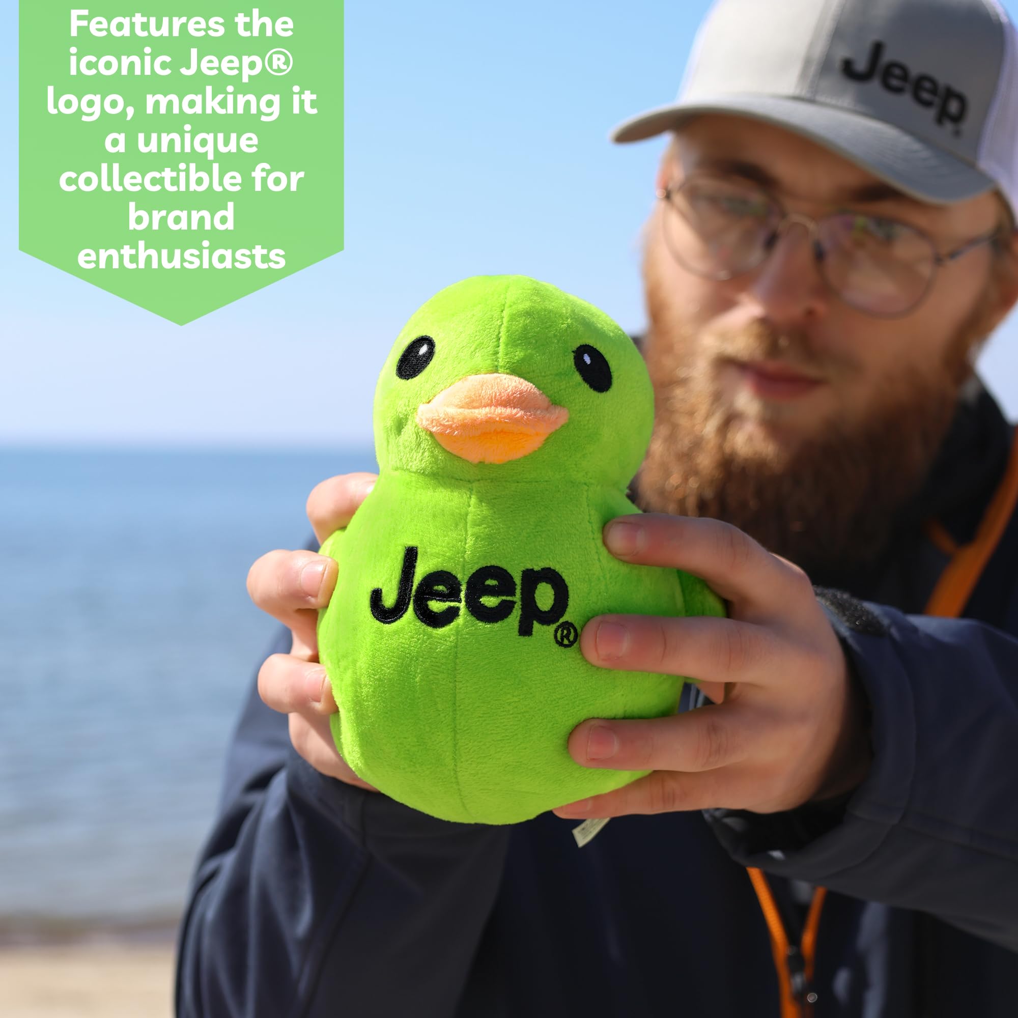 Jeep Text Logo Plush Duck Green close-up logo shows licensed Jeep design.