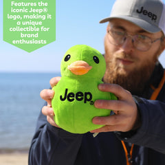 Jeep Text Logo Plush Duck Green close-up logo shows licensed Jeep design.