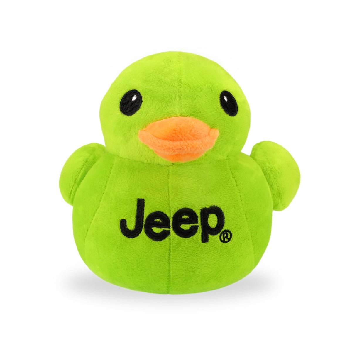 Jeep Text Logo Plush Duck Green front view, a cozy companion for Jeep enthusiasts.