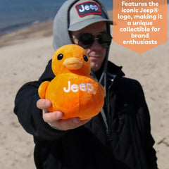 Jeep Text Logo stuffed duck orange, back view, charming and collectible