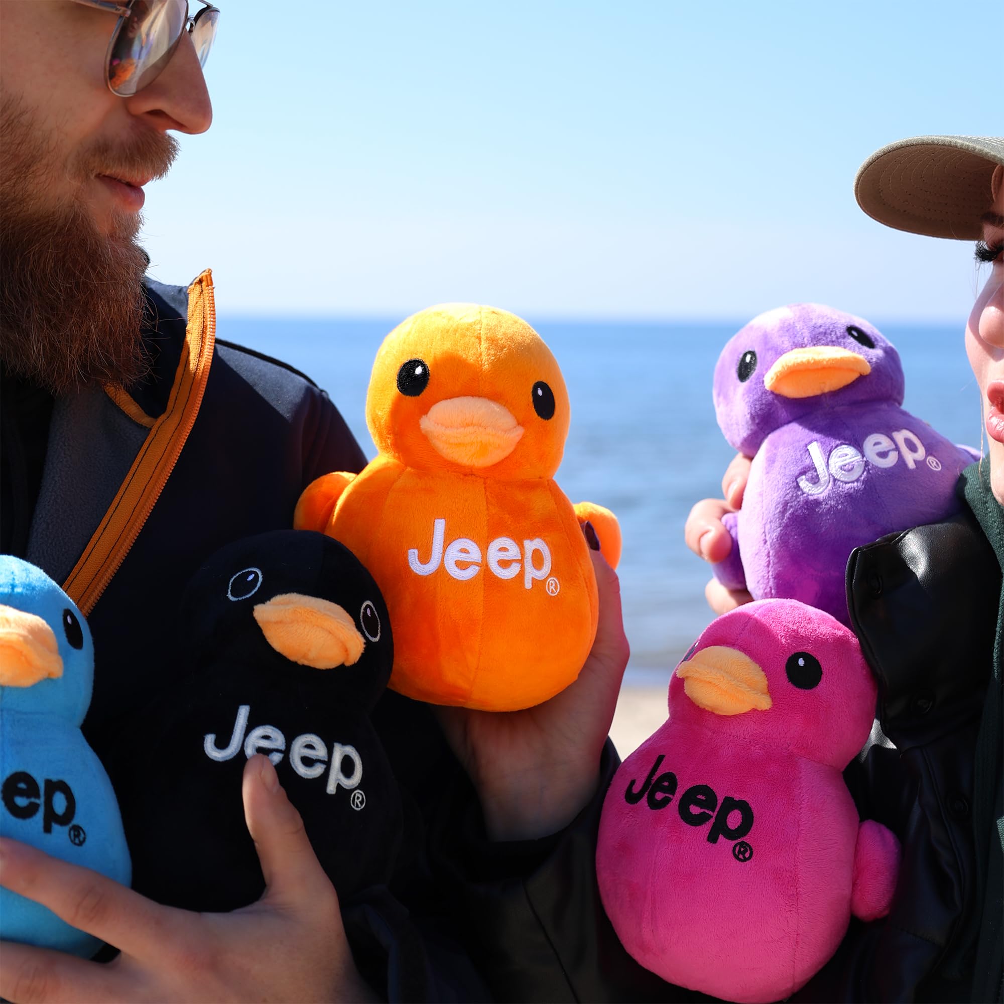 Jeep Text Logo stuffed duck orange, closeup fabric, soft plush texture
