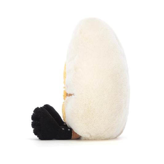Jellycat Amuseables Boiled Egg Chic with suedette boots and sunglasses, ideal for display