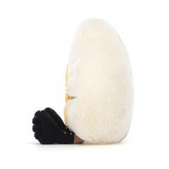 Jellycat Amuseables Boiled Egg Chic with suedette boots and sunglasses, ideal for display