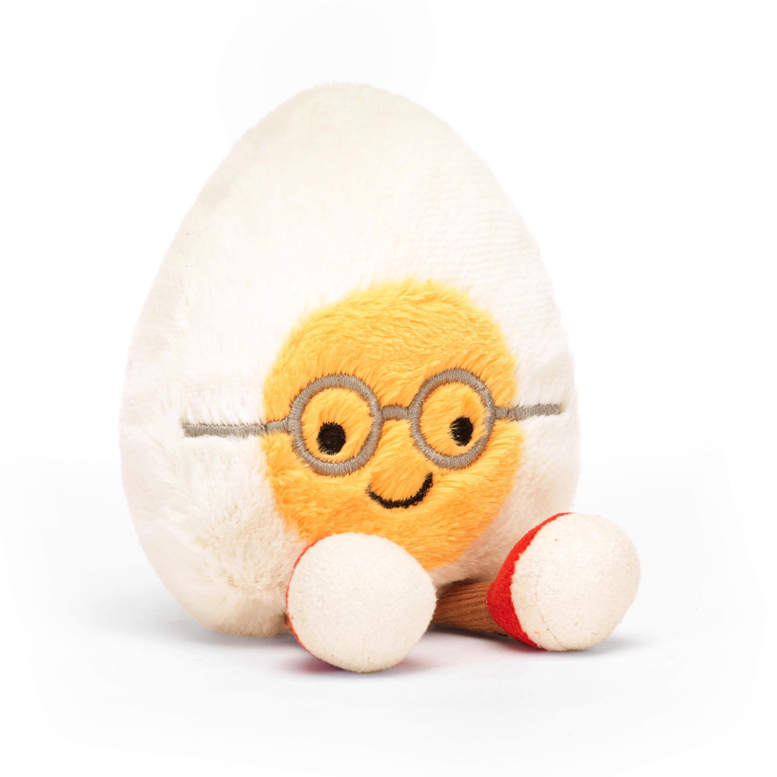 Jellycat Amuseables Boiled Egg Geek in cream and yellow fur, cozy cuddle buddy.