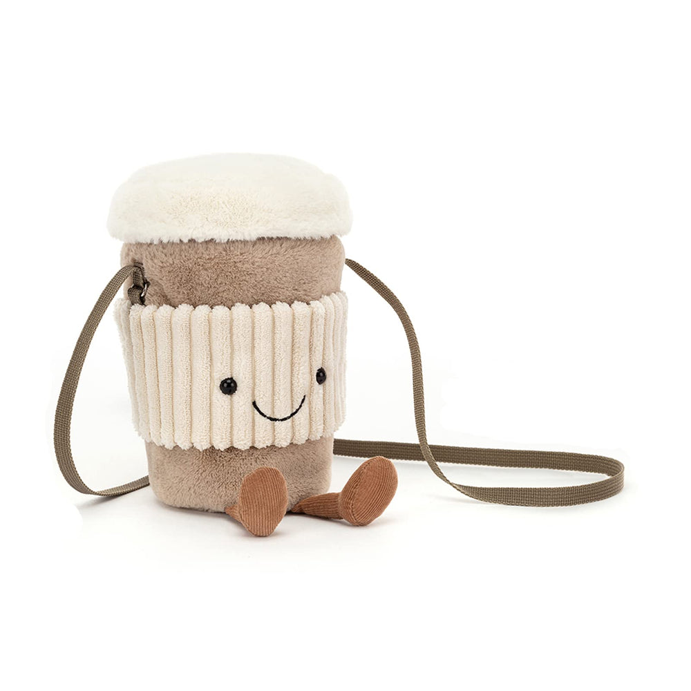 Jellycat Amuseables Coffee-To-Go crossbody bag with a cheerful smile, ideal for on-the-go style.
