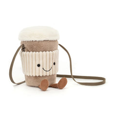 Jellycat Amuseables Coffee-To-Go crossbody bag with a cheerful smile, ideal for on-the-go style.