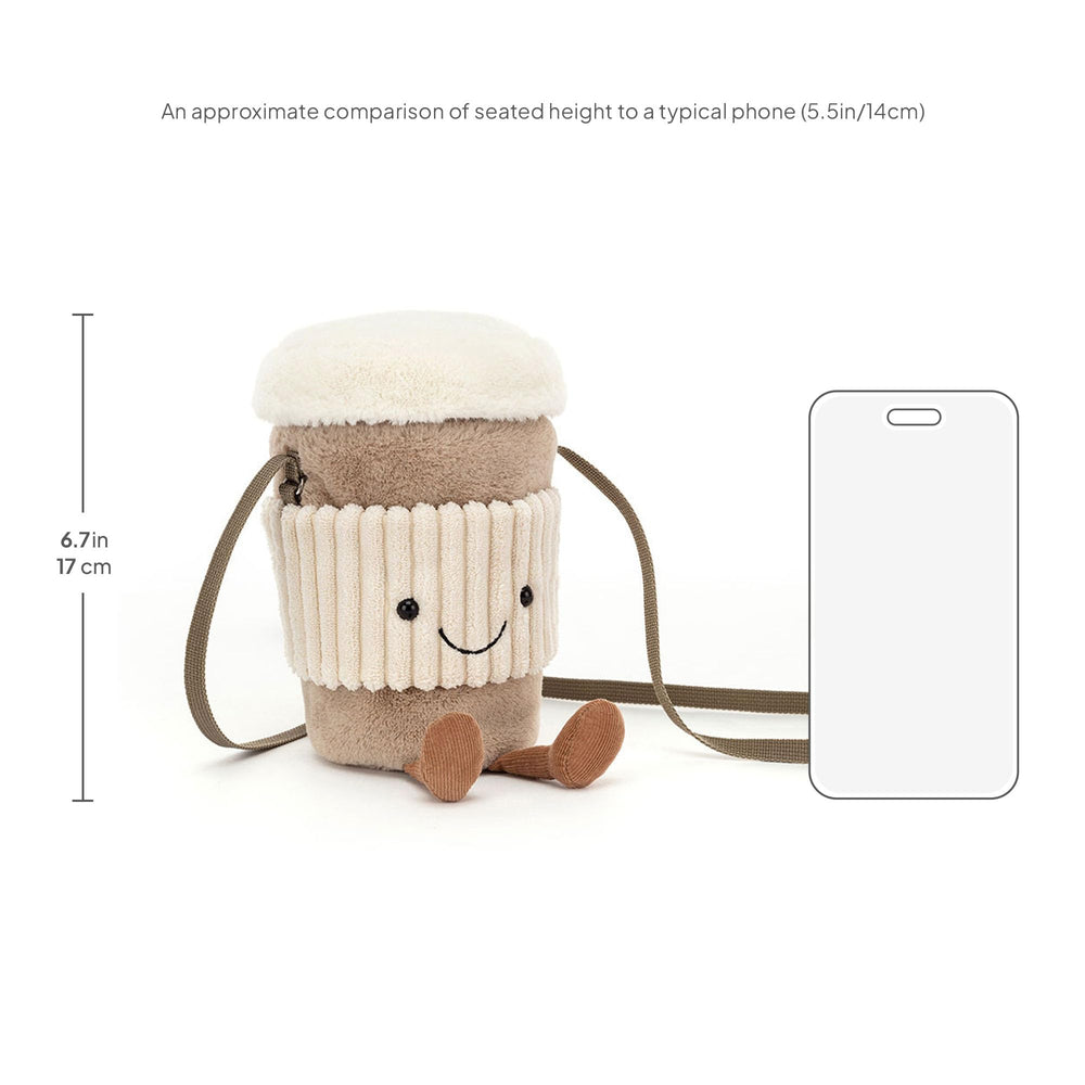 Jellycat Amuseables Coffee-To-Go adjustable strap offers comfortable shoulder wear.
