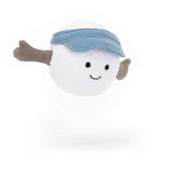 Jellycat Amuseables Golf Ball toy face closeup highlights stitched smile and dimples.