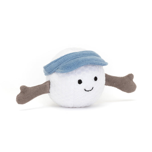 Jellycat Amuseables Golf Ball toy front view with a friendly smile, ideal desk buddy.