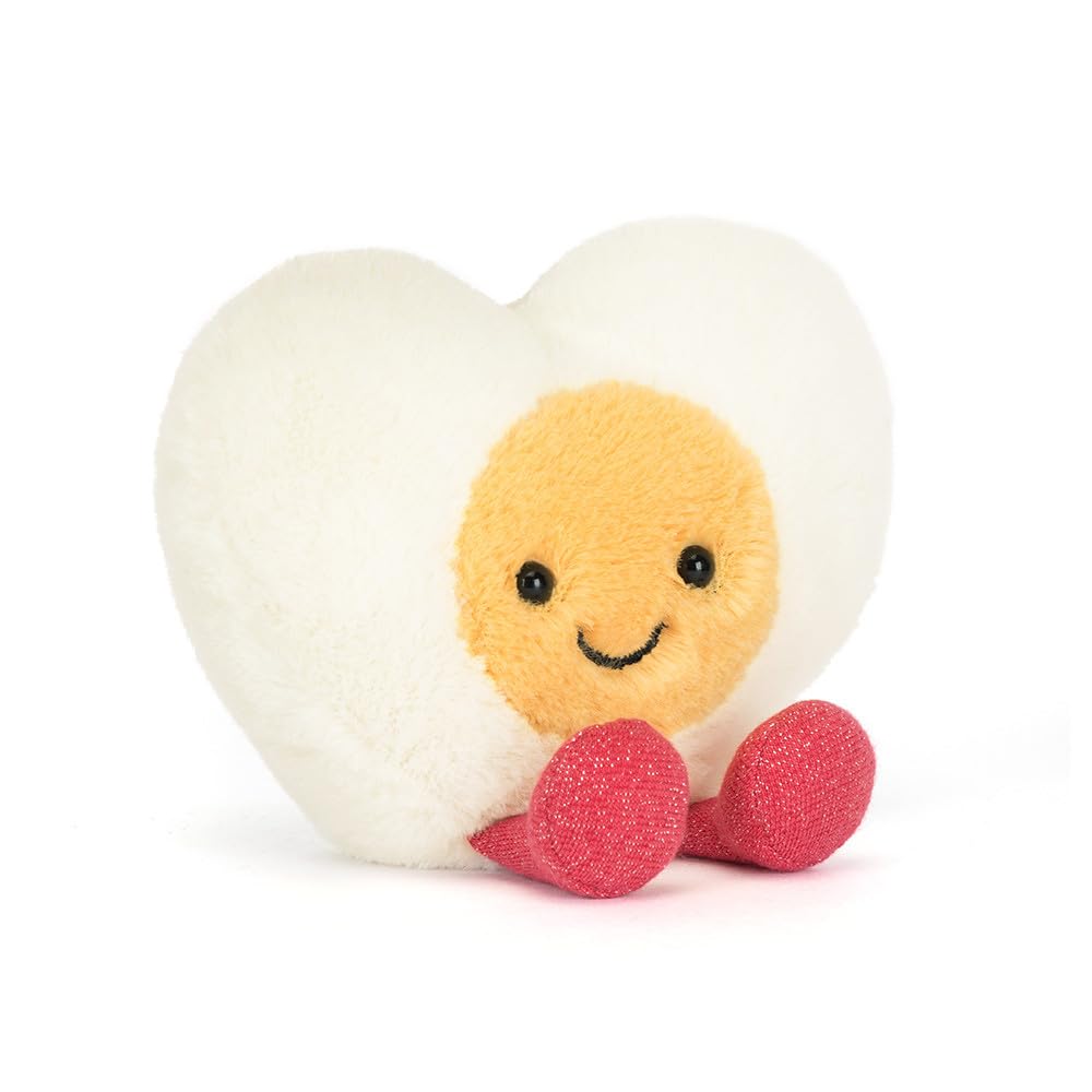 Jellycat Amuseables Heart Boiled Egg Plush with heart-shaped white exterior, desk-friendly charm