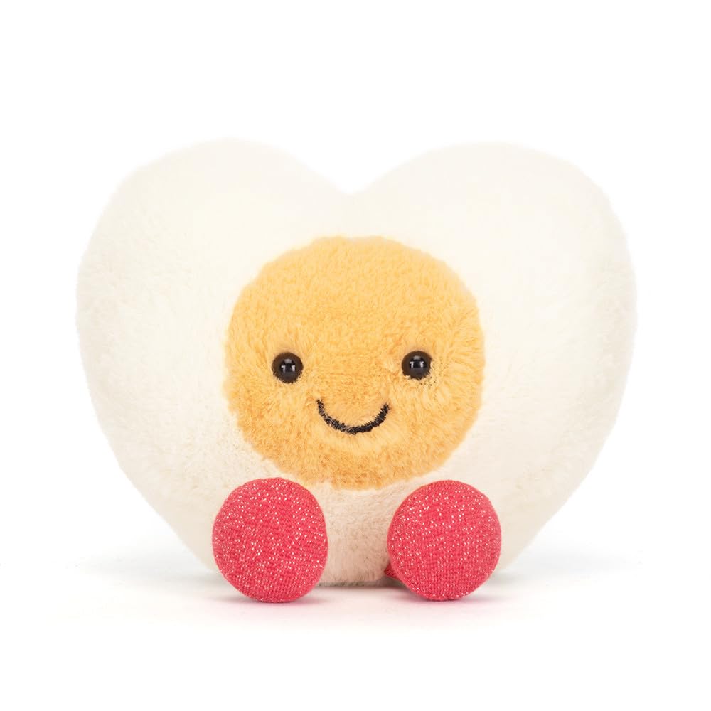 Jellycat Amuseables Heart Egg Plush features a yellow yolk and embroidered smile