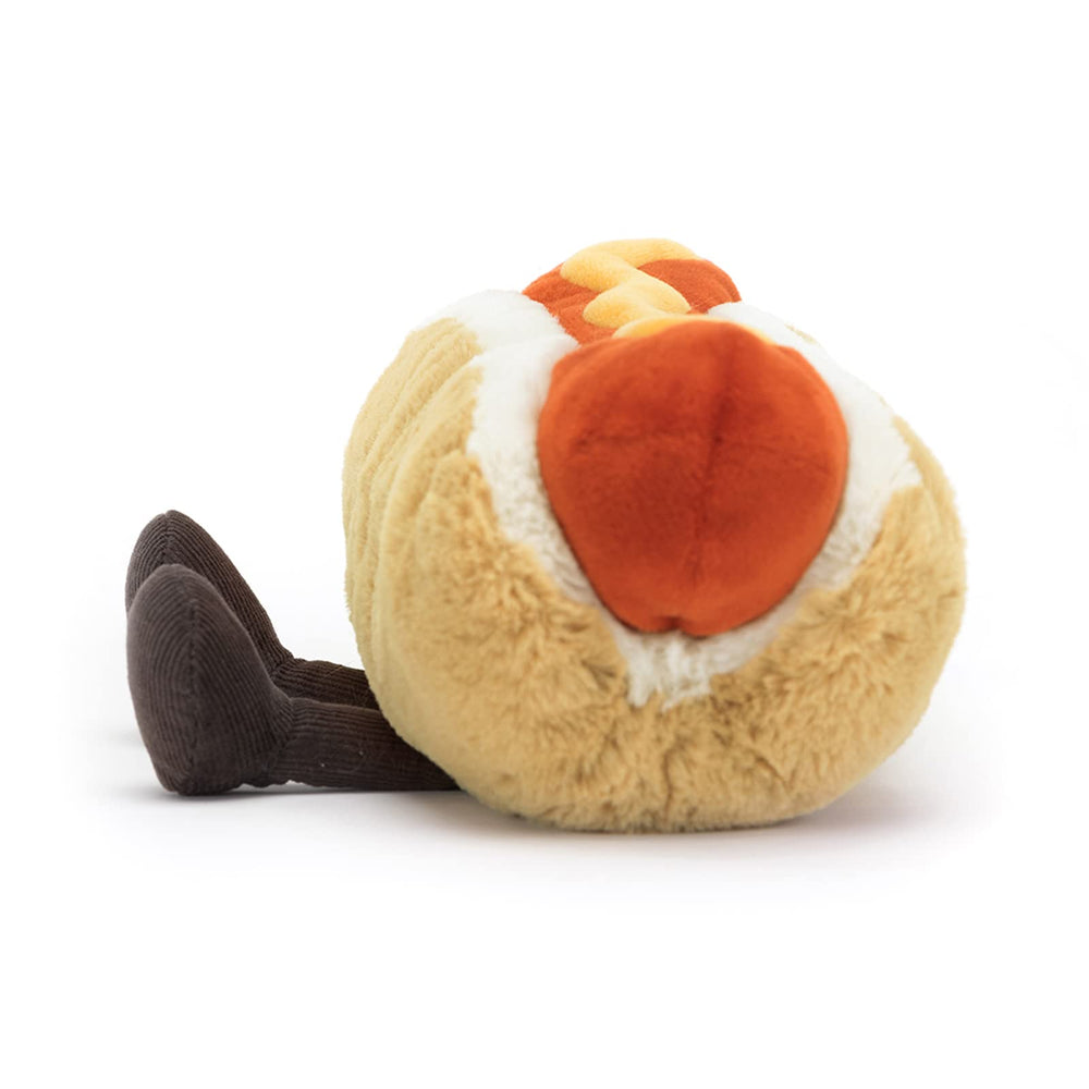 Jellycat Amuseables Hot Dog bun and frankfurter close-up on premium fabric.