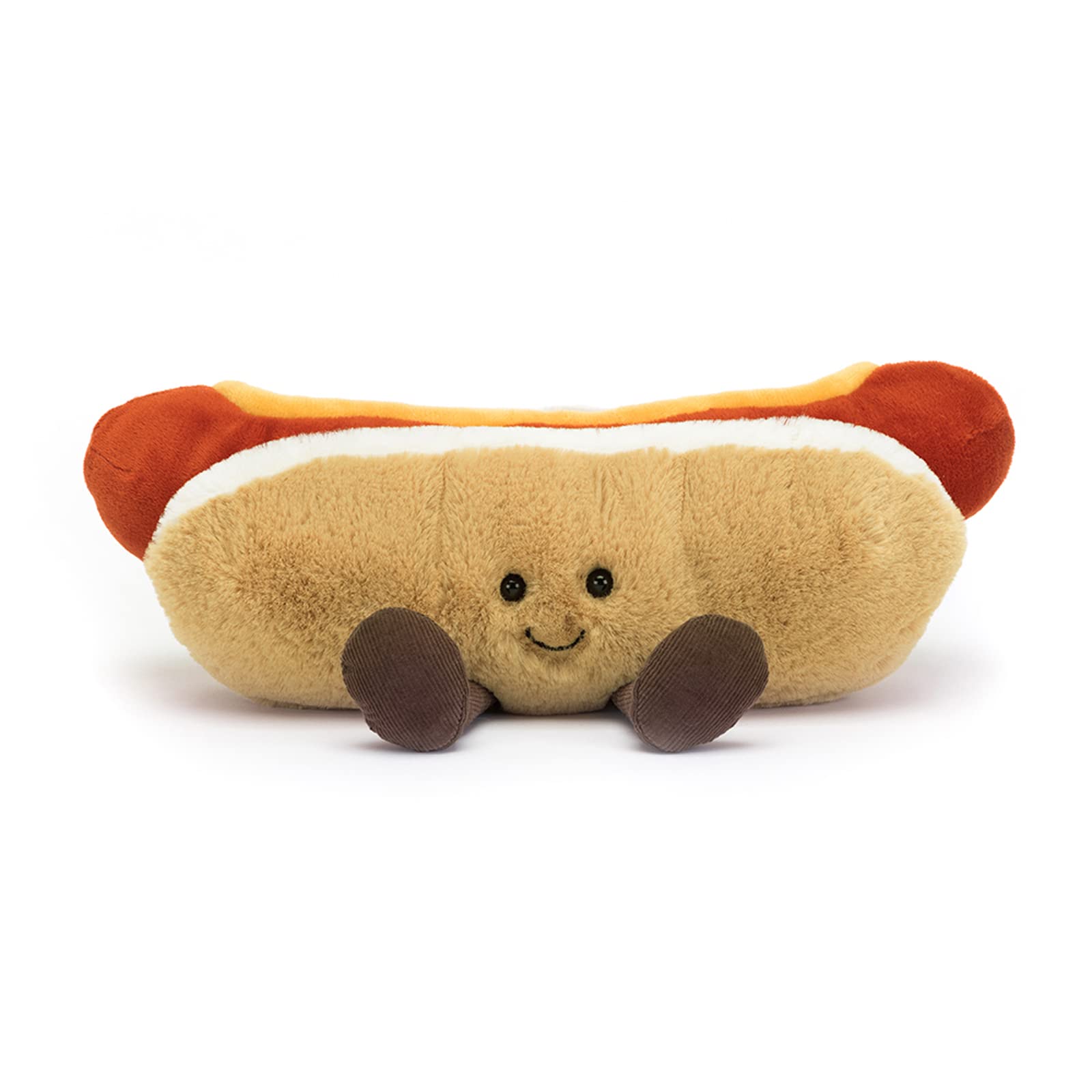 Jellycat Amuseables Hot Dog smiling face detail ideal for imaginative play.