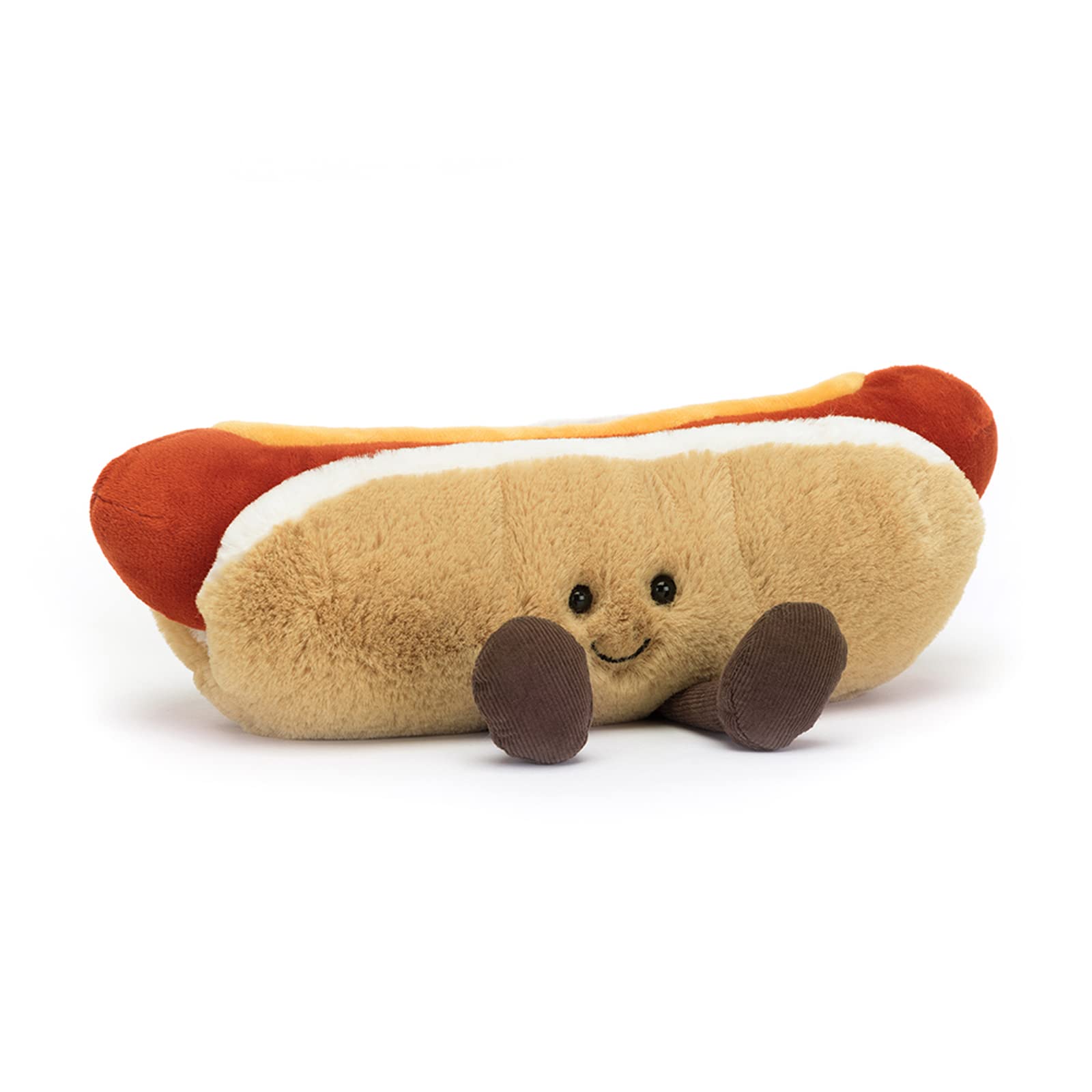 Jellycat Amuseables Hot Dog plush toy with soft bun texture for cozy hugs.