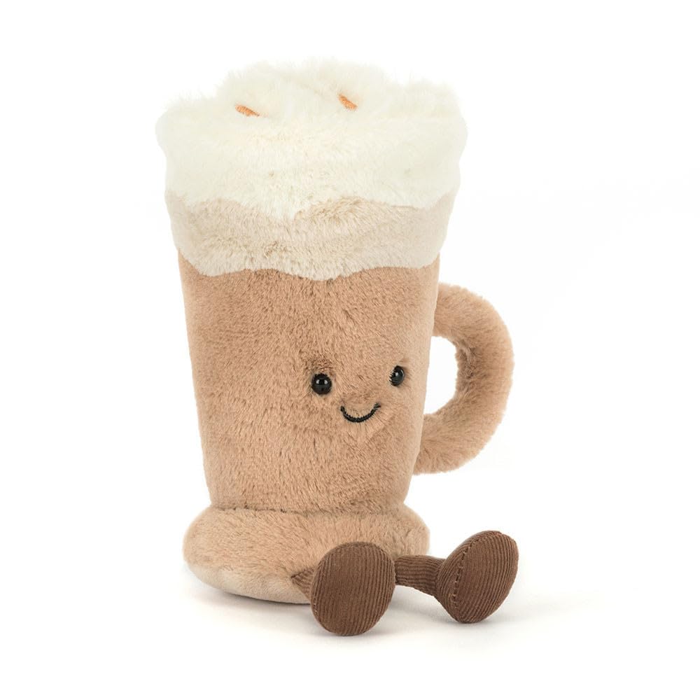 Jellycat Amuseables Latte plush sitting on a shelf, ideal cuddle display.