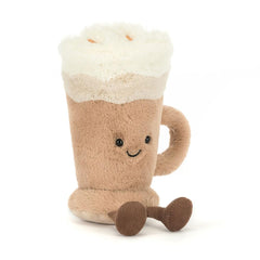 Jellycat Amuseables Latte plush sitting on a shelf, ideal cuddle display.