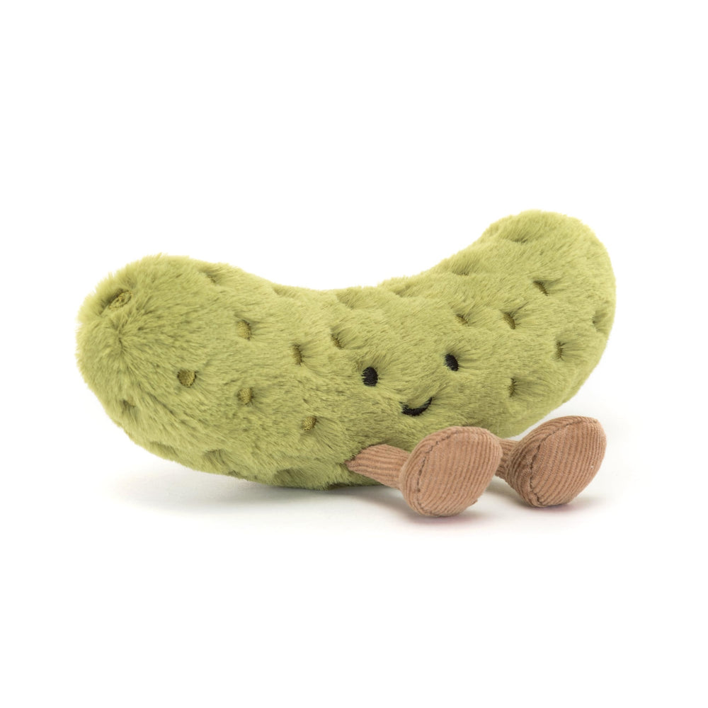 Jellycat Amuseables Pickle plush features a plump green body for cuddling
