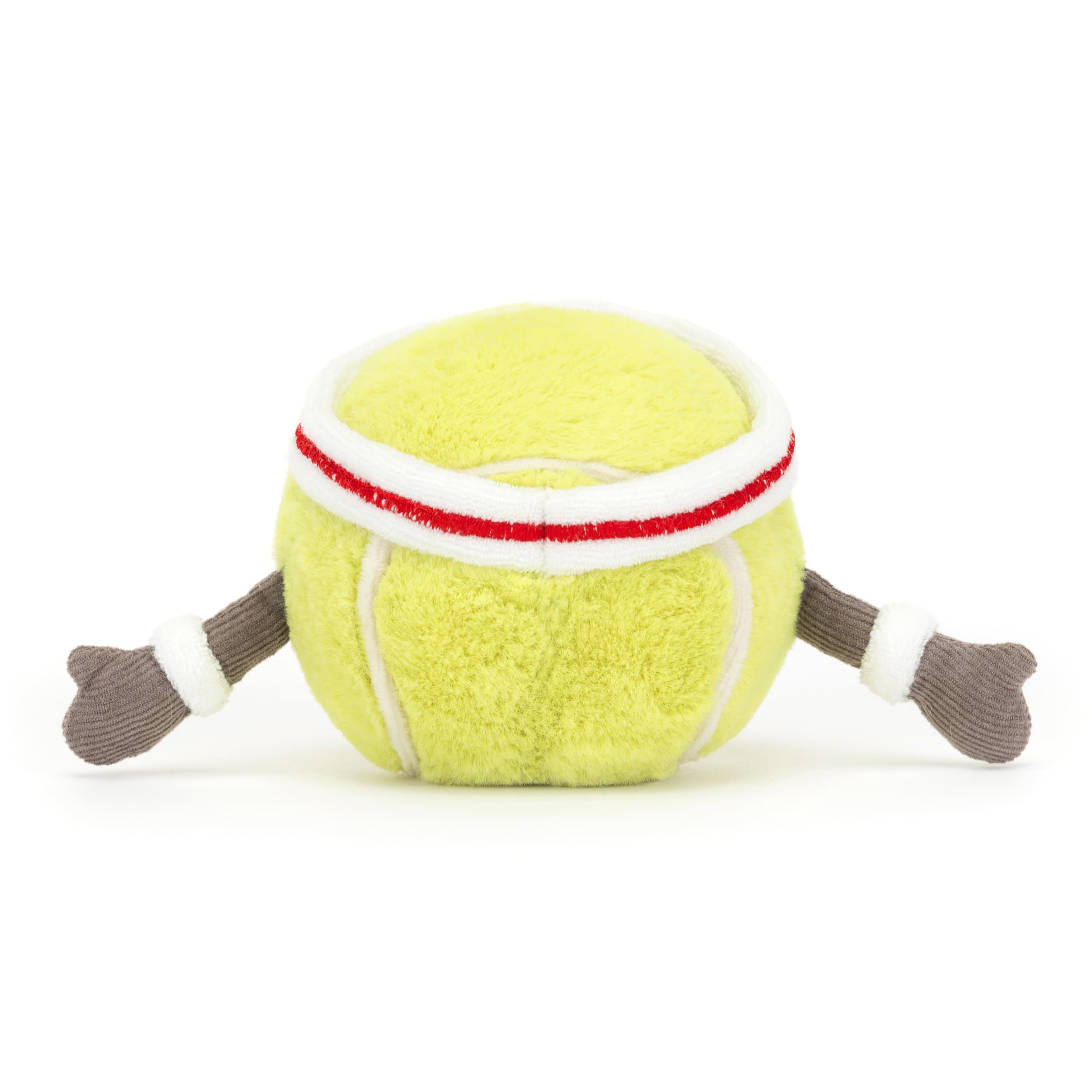 Jellycat Amuseables Tennis Ball with red-white headband for playful photos.