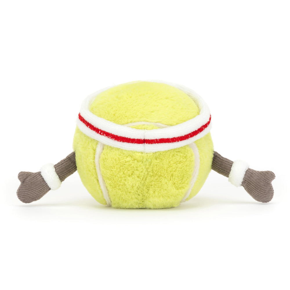 Jellycat Amuseables Tennis Ball with red-white headband for playful photos.