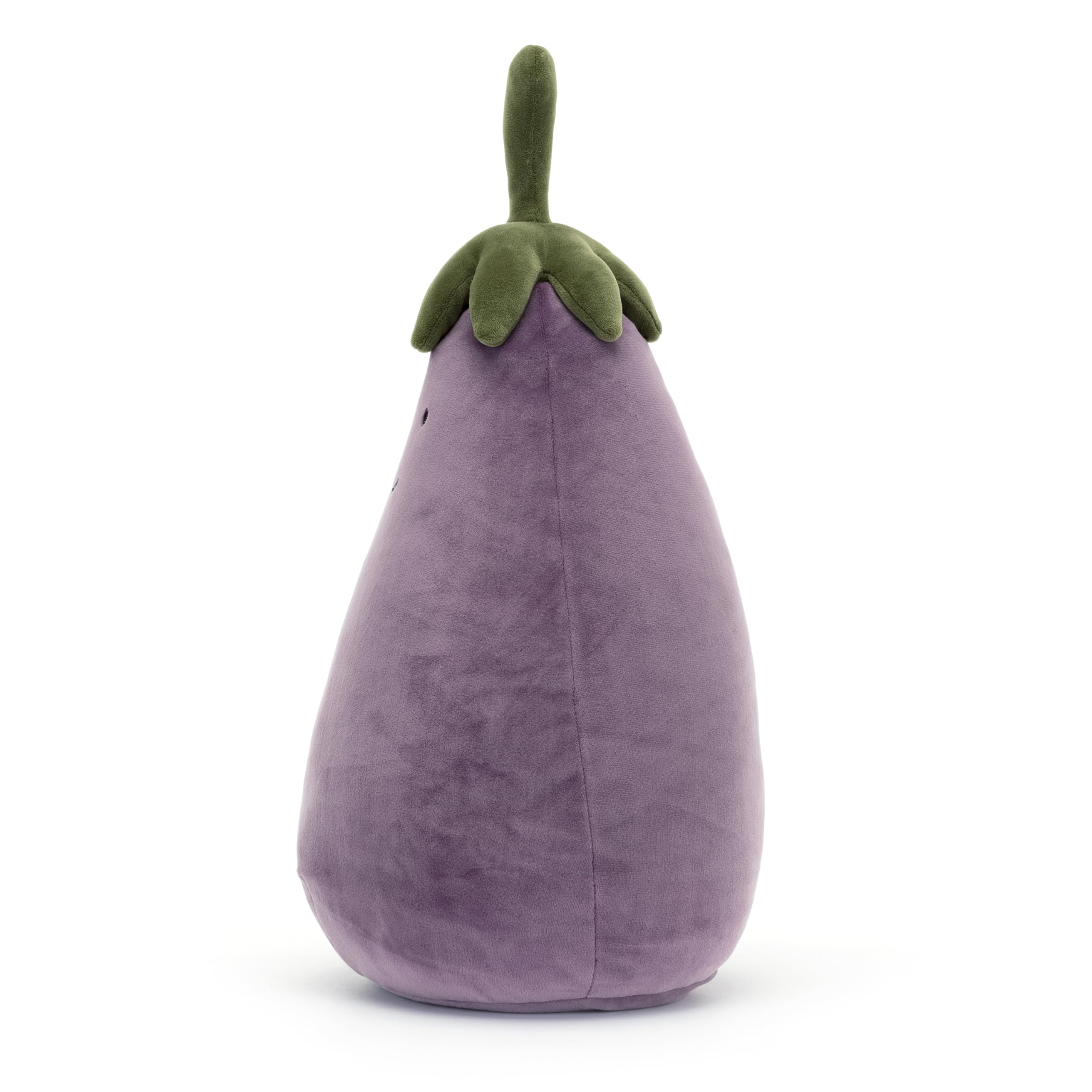 Jellycat Aubergine plush wearing a green stalk hat for playful dressing.