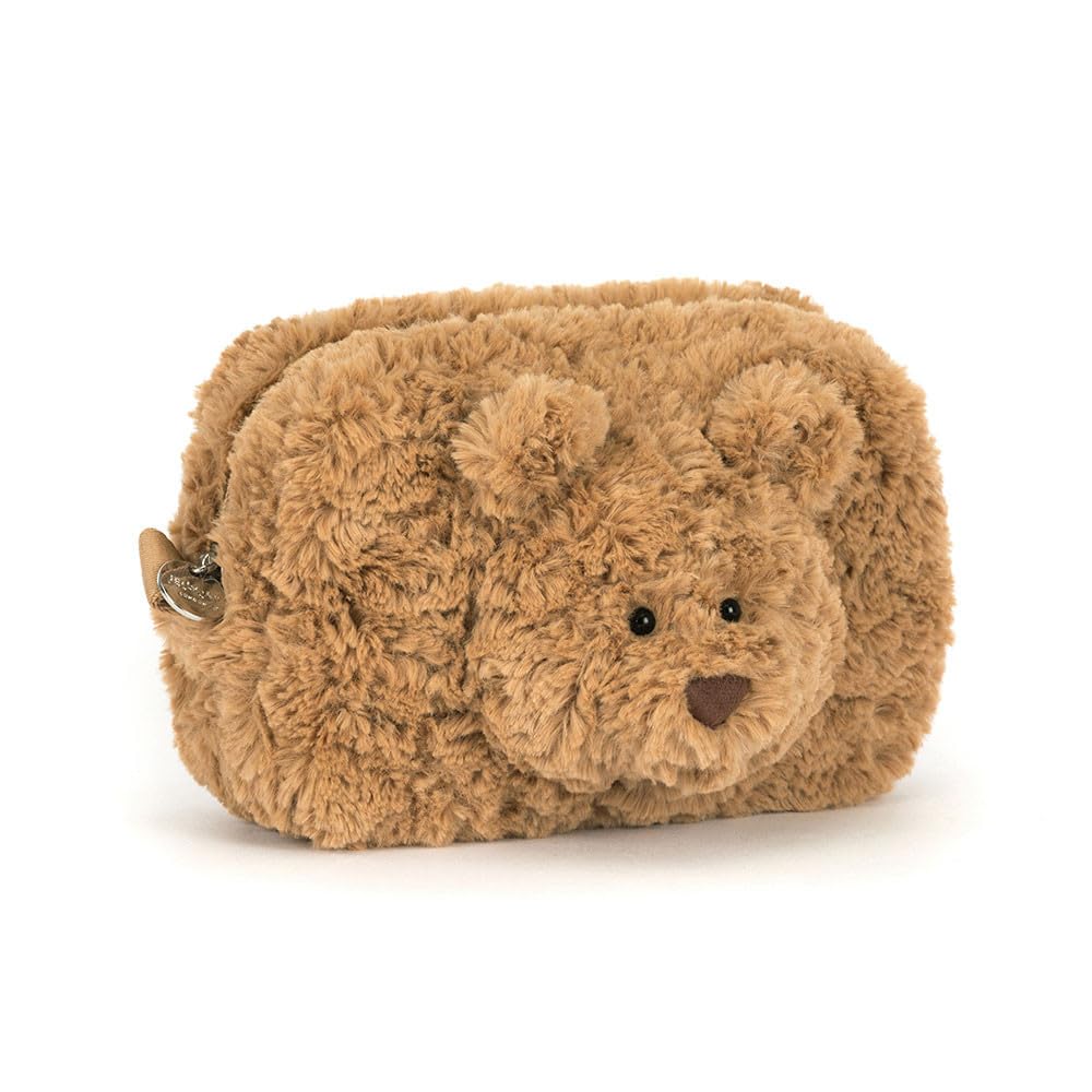 Jellycat Bartholomew Bear plush pouch front view for cuddly storage and travel