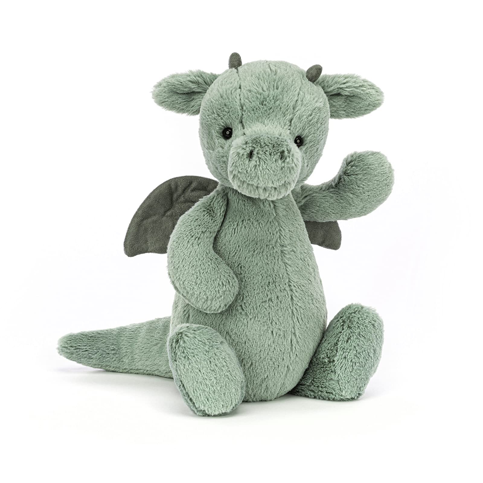 Jellycat Bashful Dragon close-up showing suedette horns and wings for whimsy.