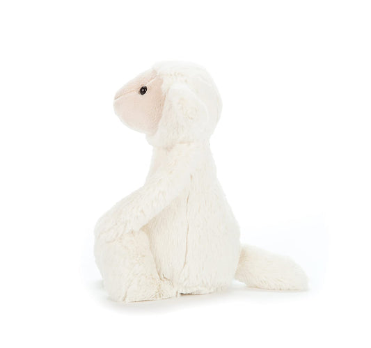Jellycat Bashful Lamb side profile showing cuddly plush for bedtime routines