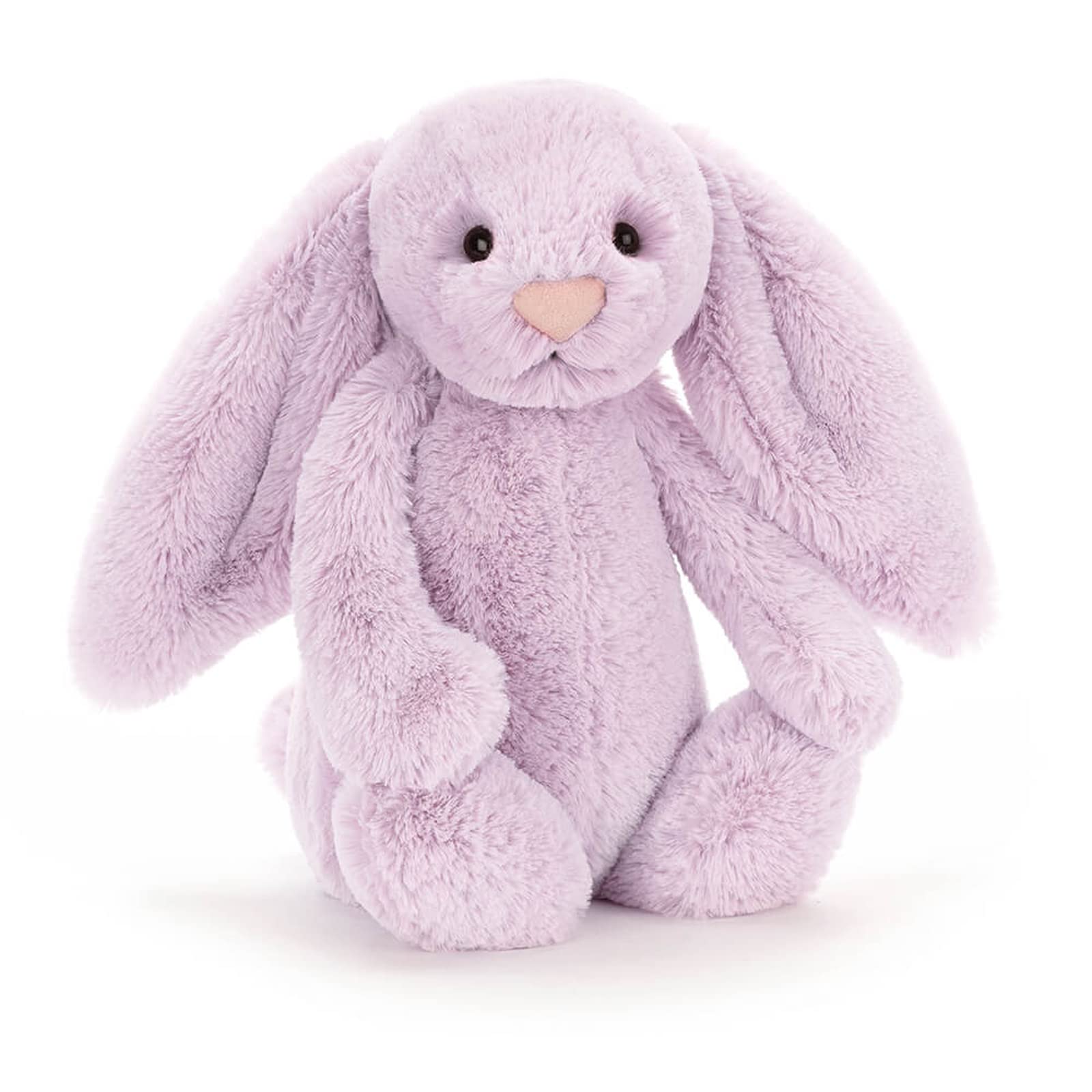 Jellycat Bashful Lilac Bunny 12-inch plush, velvet-soft fur for cozy cuddles.