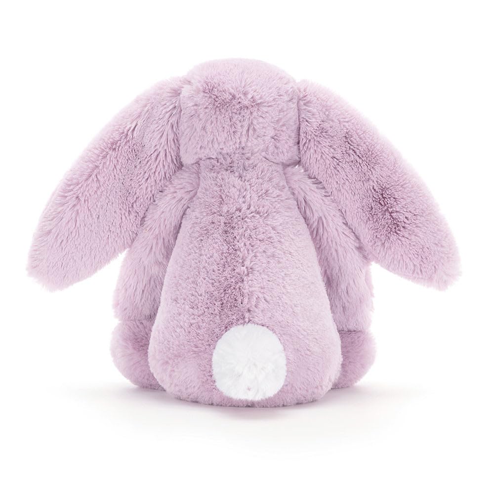 Jellycat Bashful Lilac Bunny ears in focus, long floppy design for hugs.