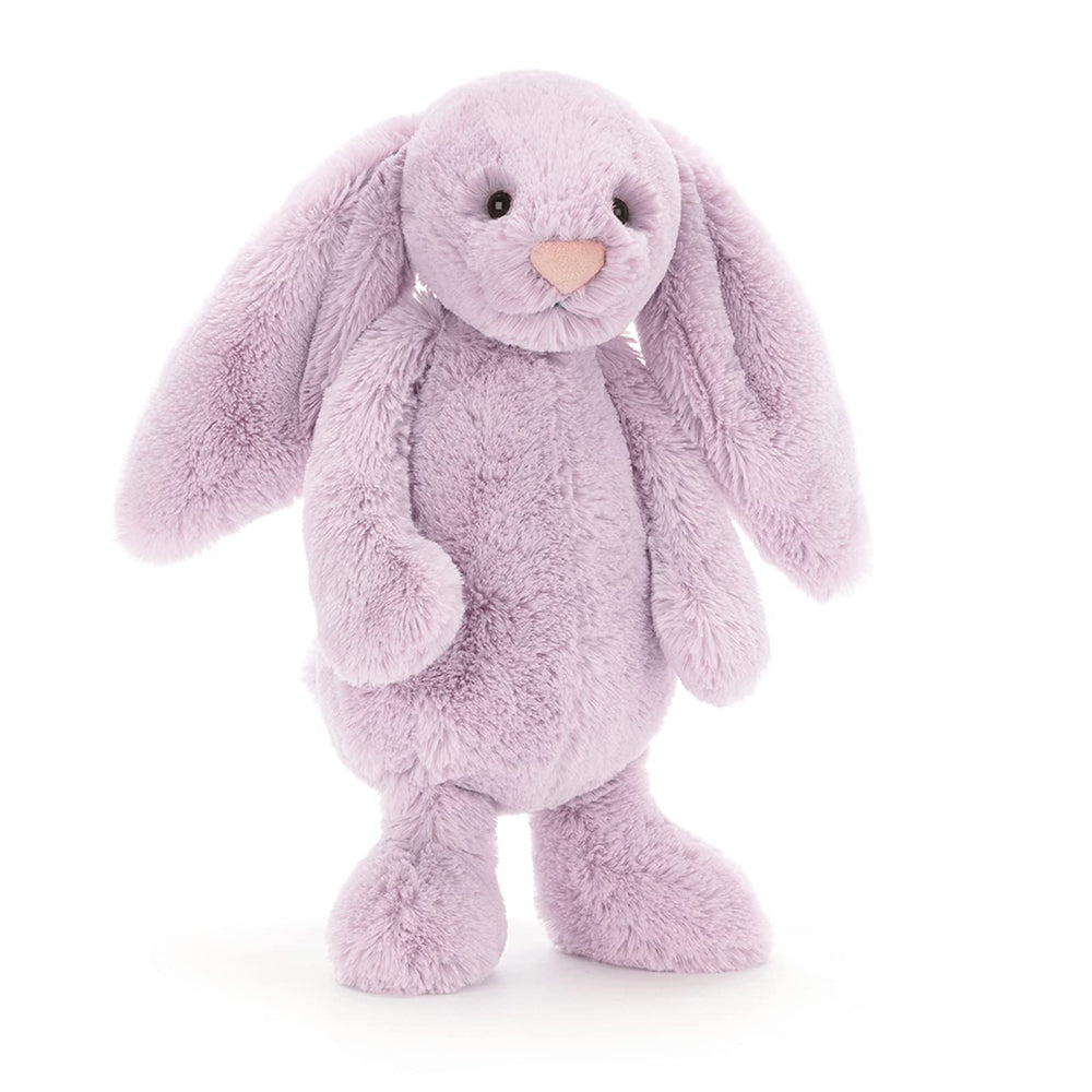 Jellycat Bashful Lilac Bunny sitting pose, a versatile gift for all ages.