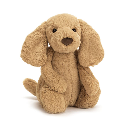 Jellycat Bashful Toffee Puppy full-body view shows a soft, cuddly companion ideal for hugs.