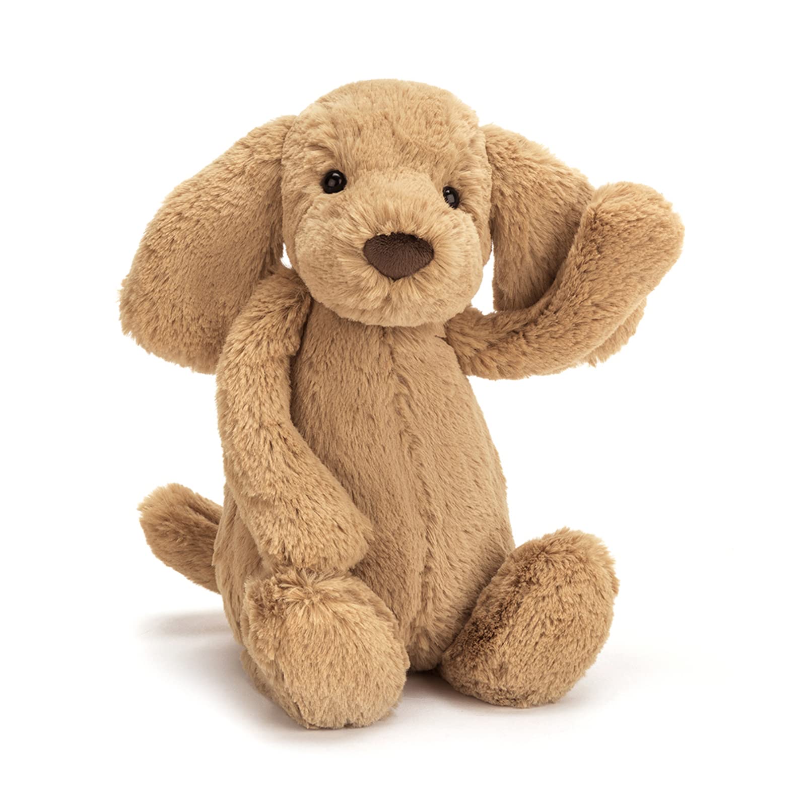 Jellycat Bashful Toffee Puppy snuggle-closeup highlights plush texture for comforting hugs.
