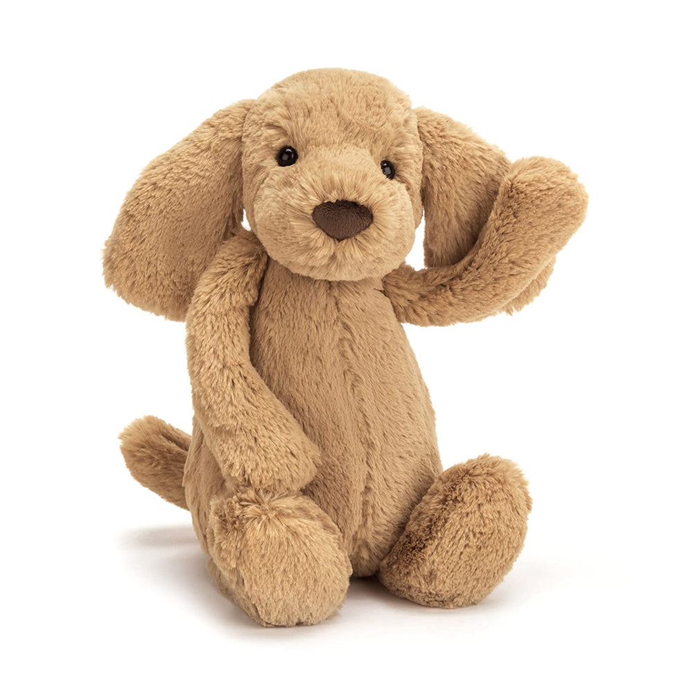Jellycat Bashful Toffee Puppy snuggle-closeup highlights plush texture for comforting hugs.