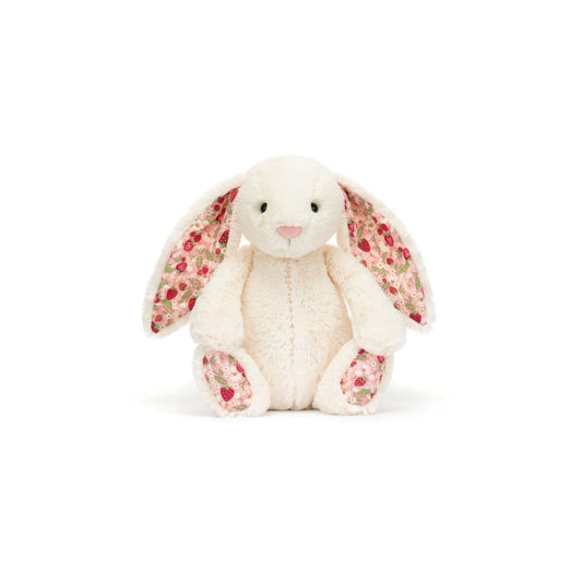 Jellycat Blossom Cream Bunny Berry Original side view highlighting soft cotton ears for imaginative play