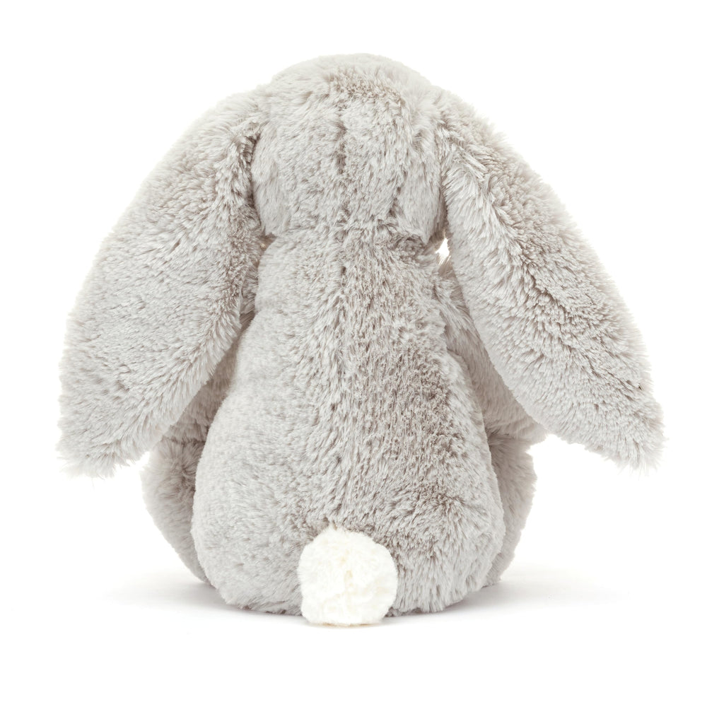Jellycat Blossom Silver Bunny Bloom back view emphasizes plush body and timeless charm
