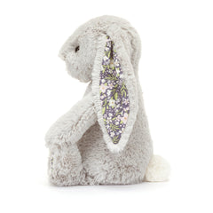 Jellycat Blossom Silver Bunny Bloom ears detail with cotton florals against midnight blue backdrop