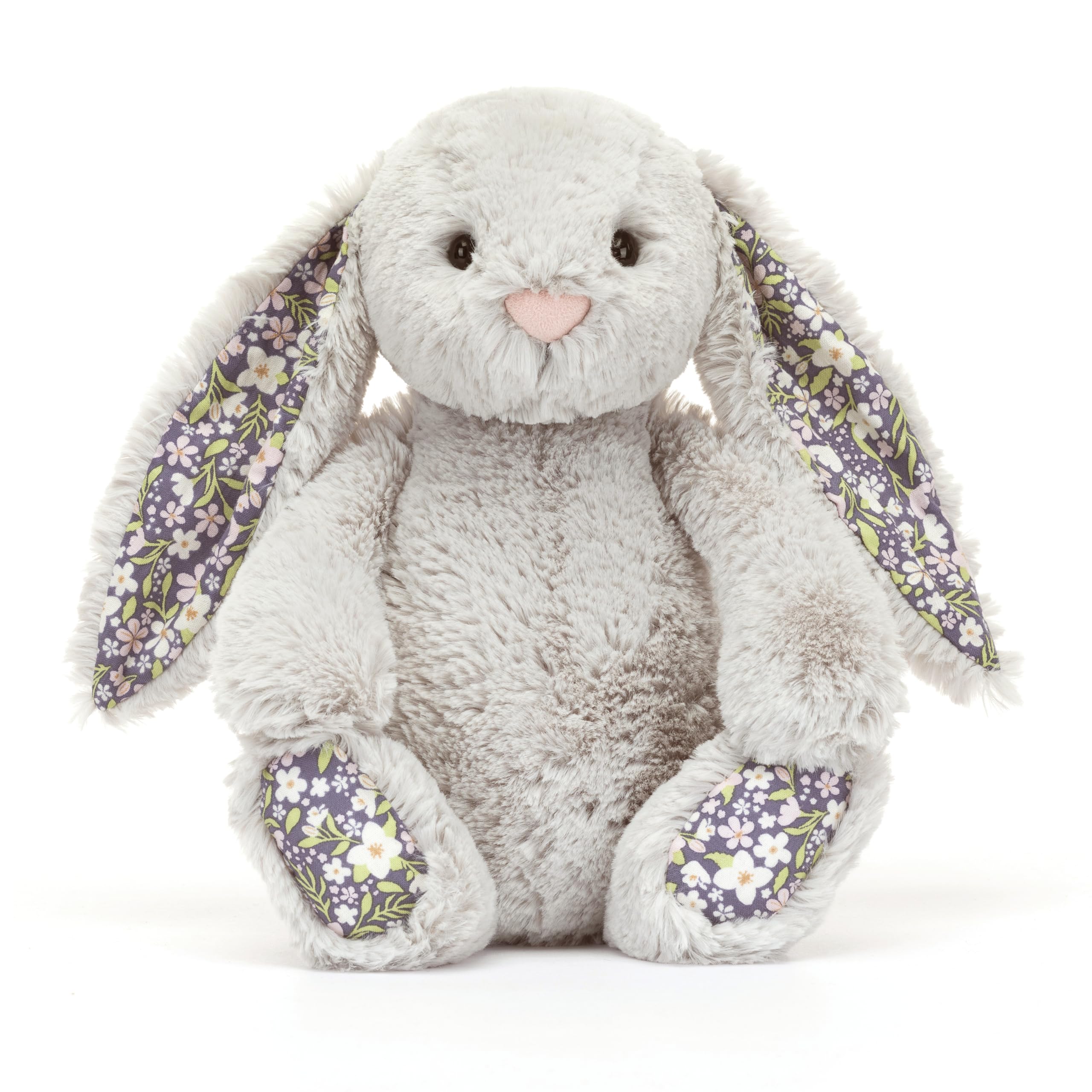 Jellycat Blossom Silver Bunny Bloom face close-up highlights floral ears and soft expression