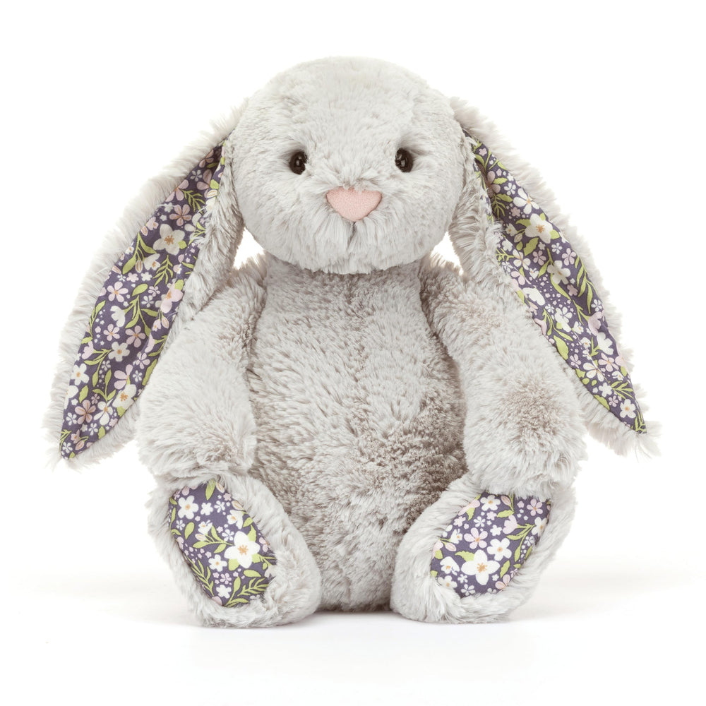 Jellycat Blossom Silver Bunny Bloom face close-up highlights floral ears and soft expression