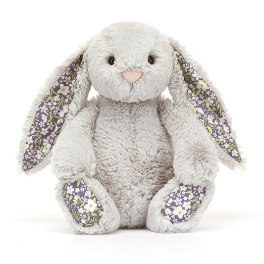 Jellycat Blossom Silver Bunny Bloom face close-up highlights floral ears and soft expression