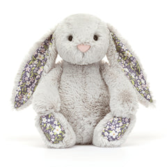 Jellycat Blossom Silver Bunny Bloom face close-up highlights floral ears and soft expression