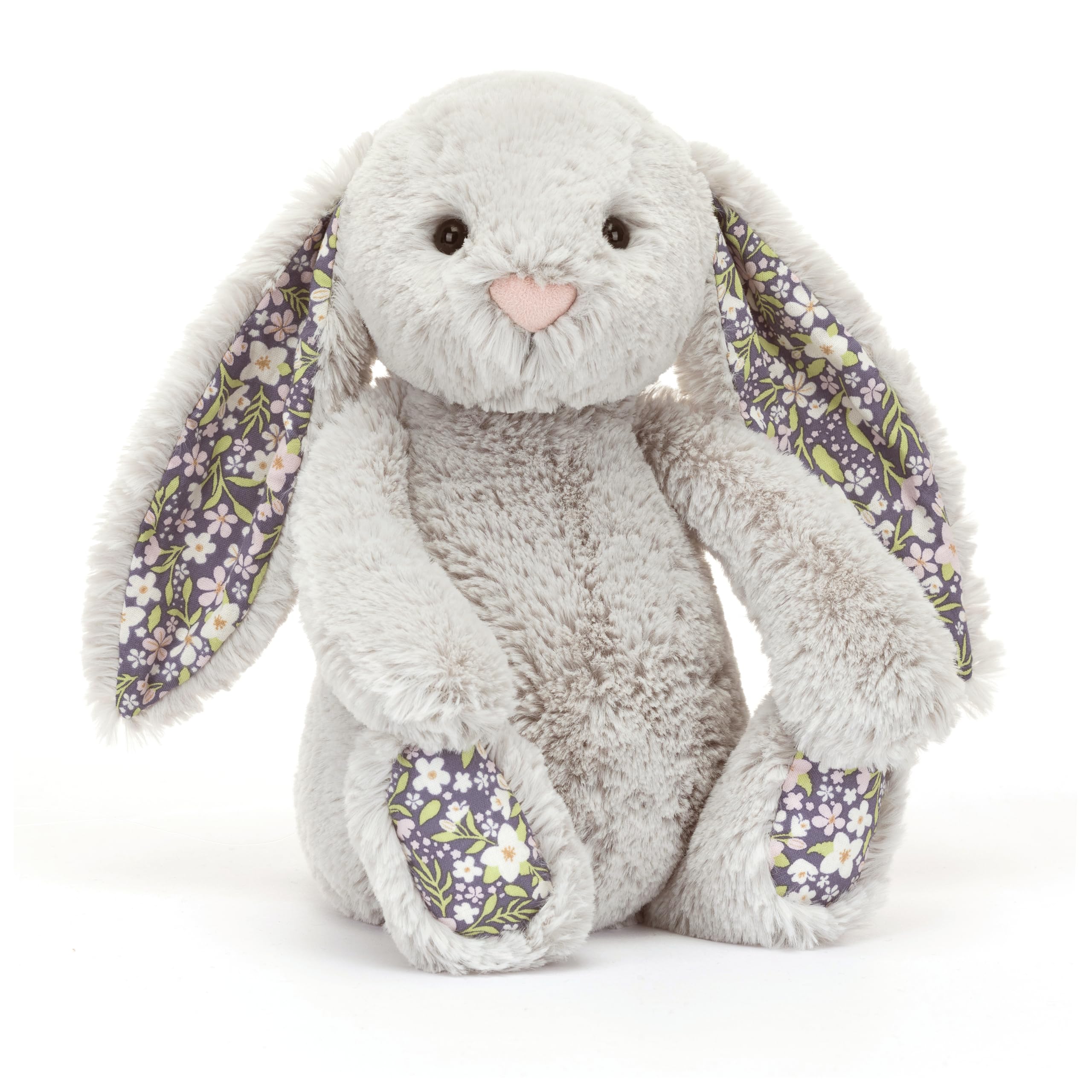 Jellycat Blossom Silver Bunny Bloom side view shows soft fur and floral print for a cozy night companion